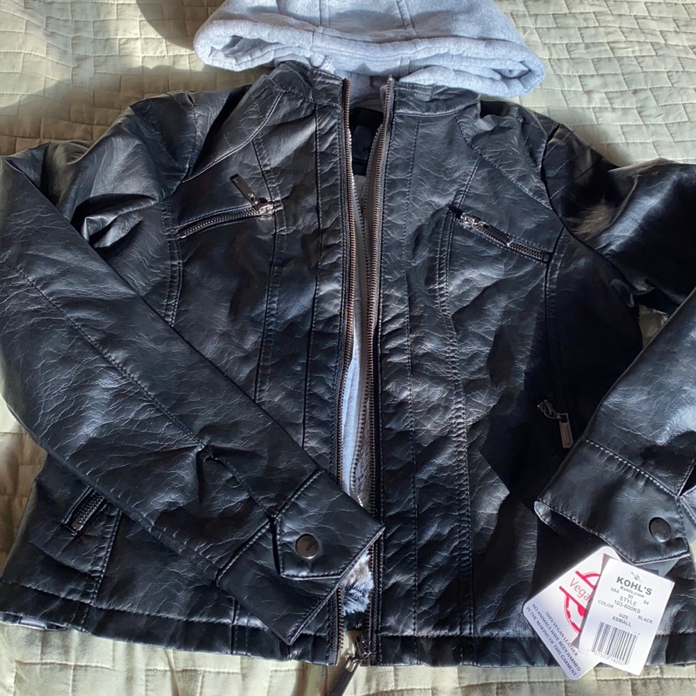 Brand new Vegan Leather jacket with hood. Faux fur lining and hood removable.